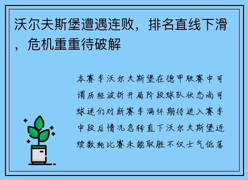 沃尔夫斯堡遭遇连败,排名直线下滑,危机重重待破解
